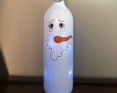 Snowman Face Hand Painted Wine Bottle With quot Cool Blue quot LED Fairy Lights