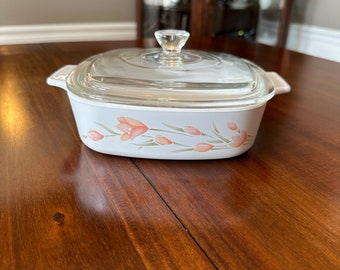 1984 Vintage Corning Ware Casserole Dish Peach Floral Pattern 1 Liter with lid