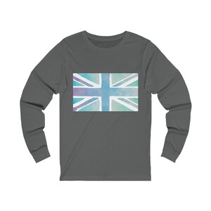 Long-sleeve shirt featuring a pastel watercolor Union Jack design in soft blues, purples, and greens—artsy, modern, and patriotic.