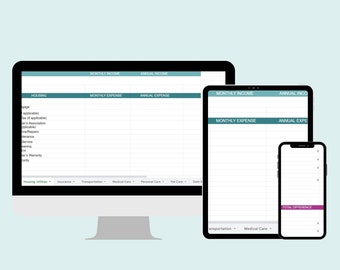 Könnte beinhalten: Eine digitale Budgetplaner-Vorlage, die auf einem Computermonitor, einem Tablet und einem Smartphone angezeigt wird. Die Vorlage enthält Abschnitte für monatliche Einnahmen, jährliche Einnahmen, monatliche Ausgaben und jährliche Ausgaben. Die Vorlage soll Benutzern helfen, ihre Finanzen zu verfolgen und ein Budget zu erstellen.