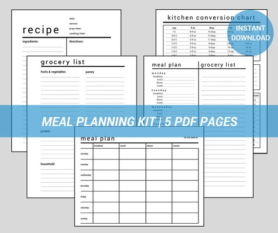 Meal Planning Kit Weekly Meal Planner Grocery List Etsy