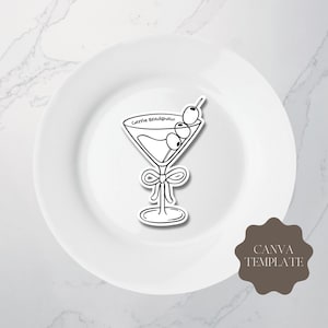 Modello Canva per apparecchiatura a forma di bicchiere da Martini / Segnaposto per cocktail / Biglietto con nome per matrimonio / Illustrazione / Decorazione per feste in bianco e nero