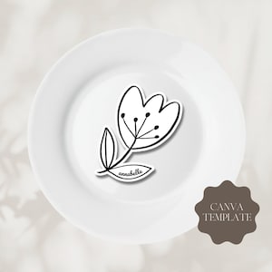 Canva Template Flower Shaped Place Setting | Floral Place Card | Wedding Name Card | Illustration | Black and White Party Decor