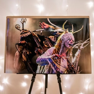 May include: A framed photograph of two people wearing elaborate costumes with antlers and feathers, performing on stage. The person in the foreground is a woman with white face paint and long, white hair. She is holding a microphone and singing.