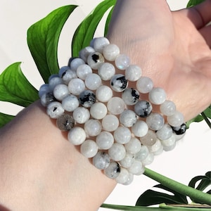 Regenboog maansteen armband 8 mm kralen – helende kristallen armband, kalmerende energie edelsteen sieraden, maansteen stretch armband voor dames en heren