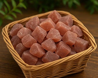 以下が含まれることがあります： 不規則な形状のピンクがかった赤色の結晶が多数入った、編みかご。 結晶はわずかに半透明に見えます。 かごは薄茶色の織り素材でできており、濃い木製の表面に置かれています。