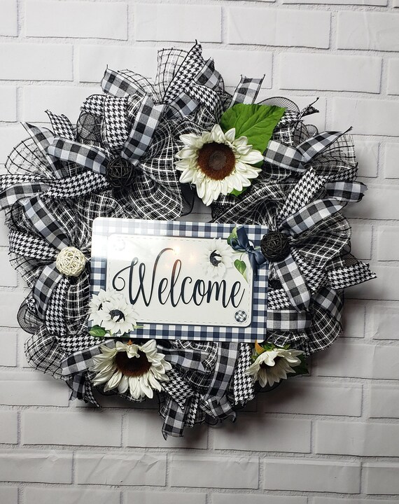 Black and White Wreath for Front Door Welcome Sign Year | Etsy