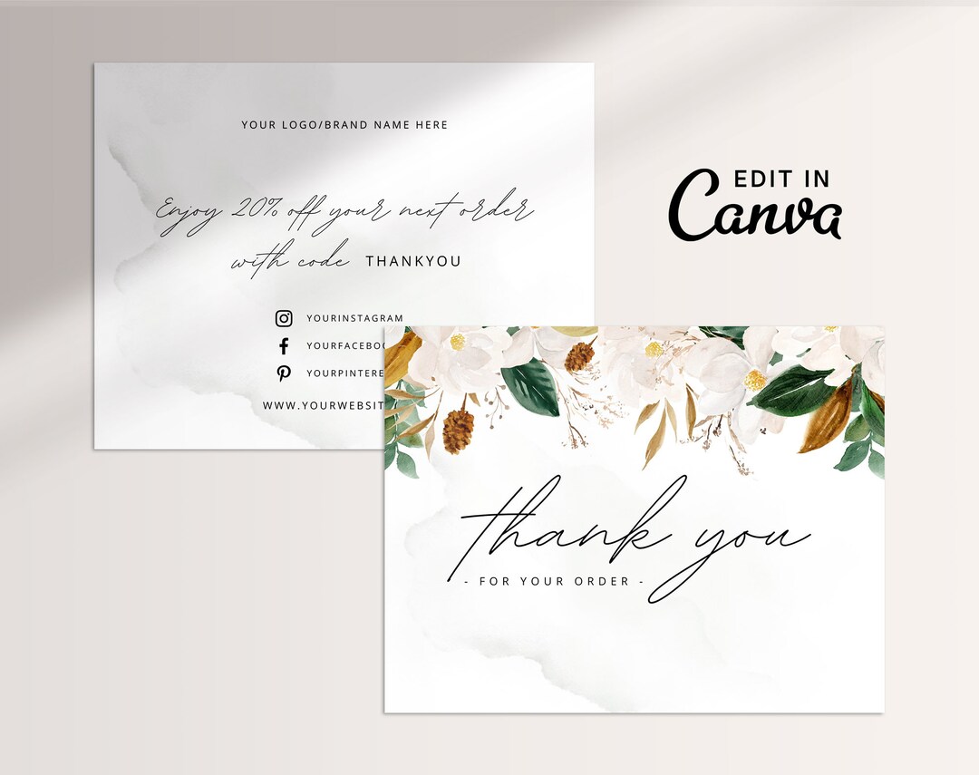 Floral Thank You Cards Business Canva Template, Greenery Thank You Card ...