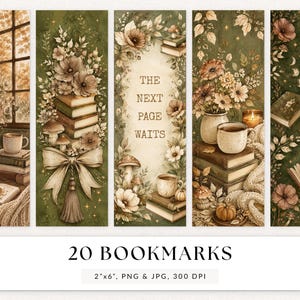 May include: A set of 20 bookmarks featuring illustrations of books, flowers, mushrooms, candles, and mugs in shades of green and brown. One bookmark displays the text THE NEXT PAGE WAITS. The digital files are sized at 2 inches by 6 inches.