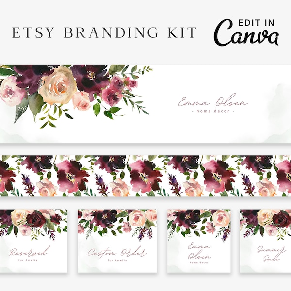 Burgundy Etsy Banner, Etsy Canva Template, Etsy Branding Kit, Fall Etsy Shop Banner, Autumn Etsy Shop Set, Instant Download, Etsy Shop Kit