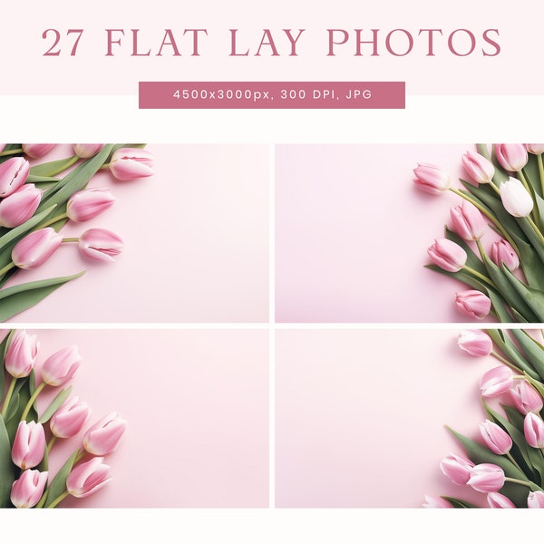 Pink Flat Lay Mockup, Floral Background Mockups, Styled Stock Photography, Pink Tulips Photography, Product Background, Mockup Photography