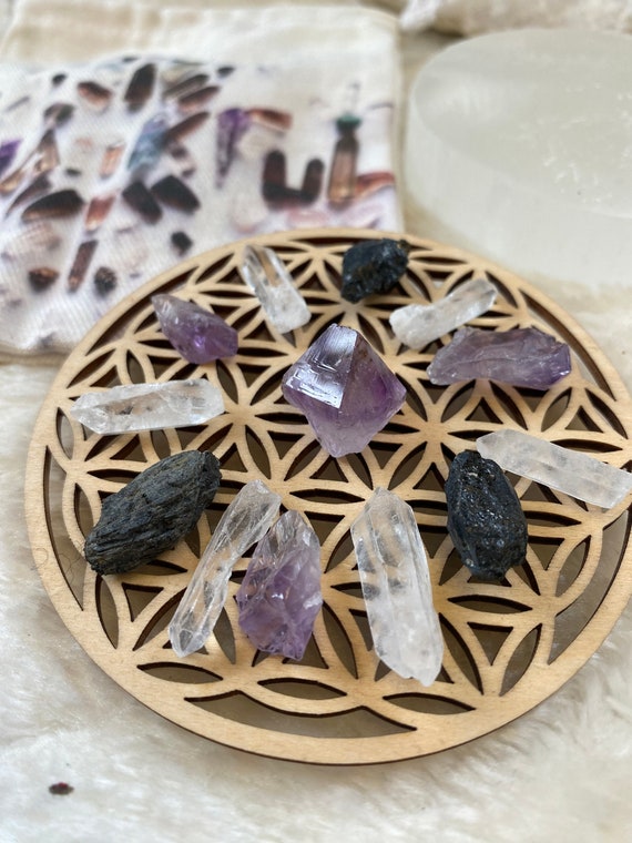 Amethyst, Black Tourmaline & Clear Quartz With Selenite Crystal