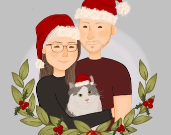 Christmas family portrait, Holiday couple portrait, Christmas Couples portrait, Custom Family Illustration, Santa Hat Portrait, Custom Gift