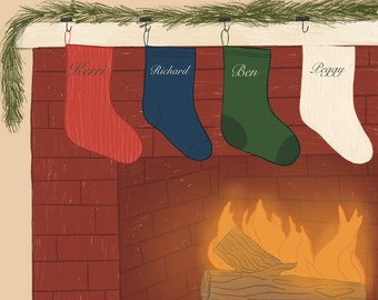 Custom Family Christmas Art, Fireplace Stockings Portrait, Christmas Print, Digital Christmas Sign, Gift for Mom,Personalized Holiday Gift,