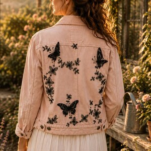 Butterfly Embroidered Denim Jacket | Pink Levi’s Jean Jacket | Upcycled Women’s Statement Jacket