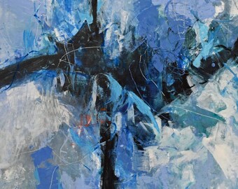 60 Rhapsody in Blue Mixed Media on unstretched canvas 38"x69"