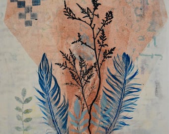 Framed Feather & Stem Monotype Art: Chine Collé Print (12x16)