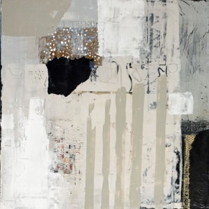 May include: Abstract mixed media artwork with a textured surface. The composition features a palette of white, black, and gray, with accents of brown and gold. Vertical and horizontal lines intersect with organic shapes, creating a layered effect.