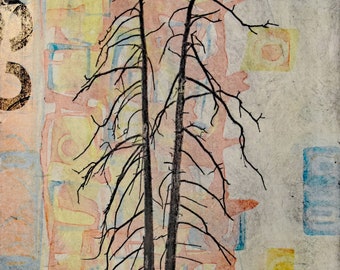 Original, No.141 Dueling Trees in yellow, Intaglio, Monotype 12x16 printed on 15x22 Arches 88  2023 Original