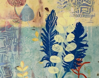 Framed Feather & Stem Monotype Print: Chine Collé, Original Artwork