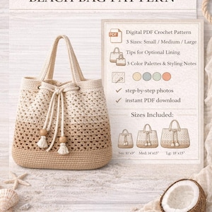 Chique gehaakte strandtaspatroon • Gehaakte strandtas met trekkoord pdf • Handgemaakt patroon zomertas • Boho gehaakte draagtas • Digitale download