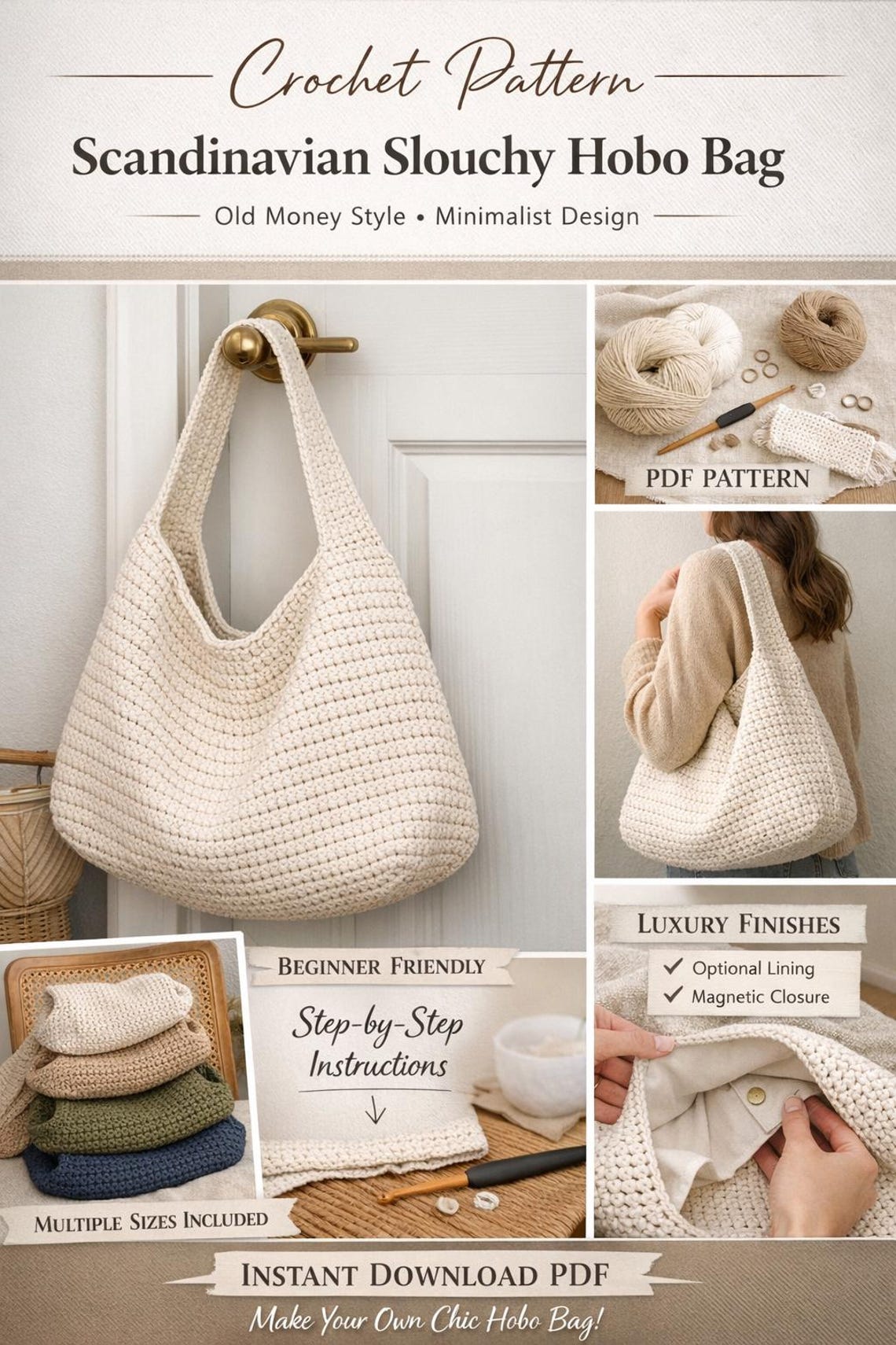 Scandinavian Slouchy Crochet Bag Pattern • Minimalist Hobo Tote • Old ...