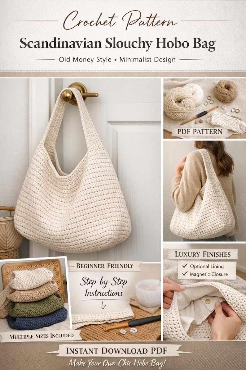 Scandinavian Slouchy Crochet Bag Pattern • Minimalist Hobo Tote • Old ...
