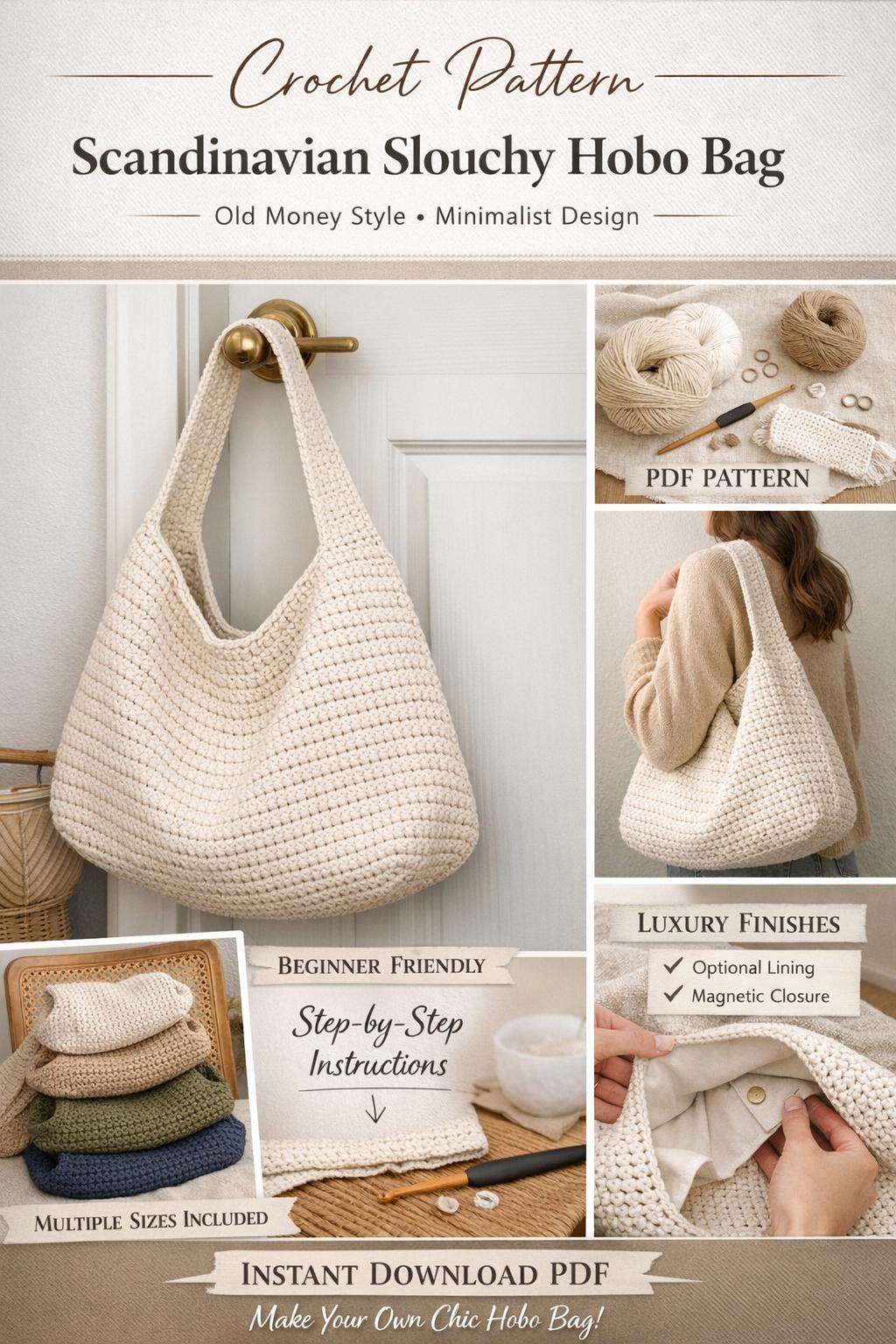 Scandinavian Slouchy Crochet Bag Pattern • Minimalist Hobo Tote • Old ...
