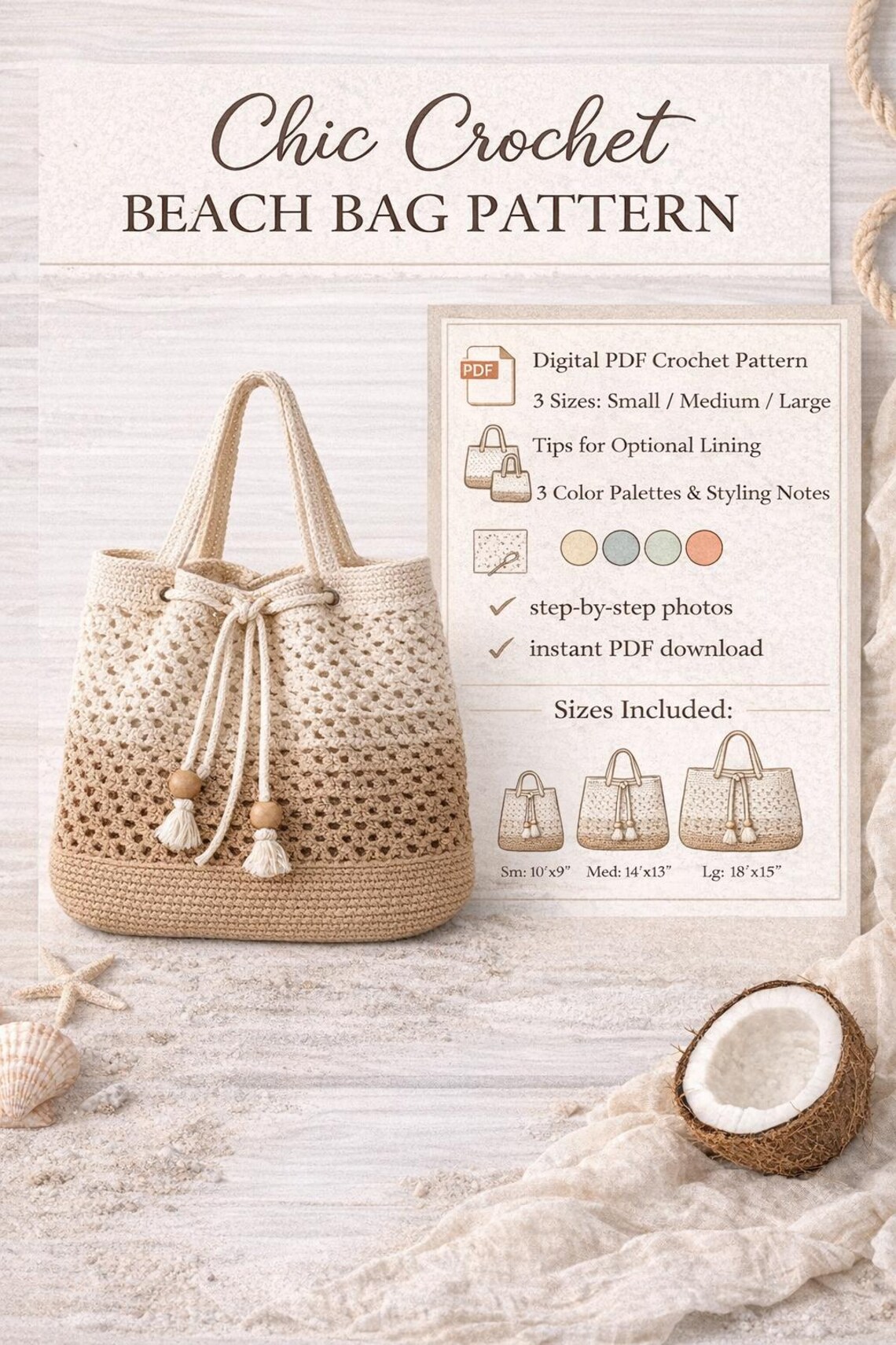 Chic Crochet Beach Bag Pattern • Crochet Drawstring Beach Tote PDF ...