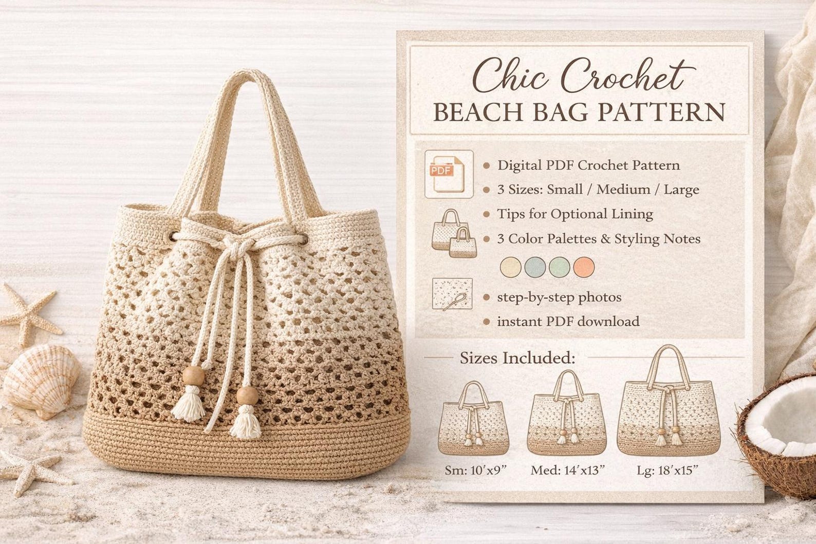 Chic Crochet Beach Bag Pattern • Crochet Drawstring Beach Tote PDF ...