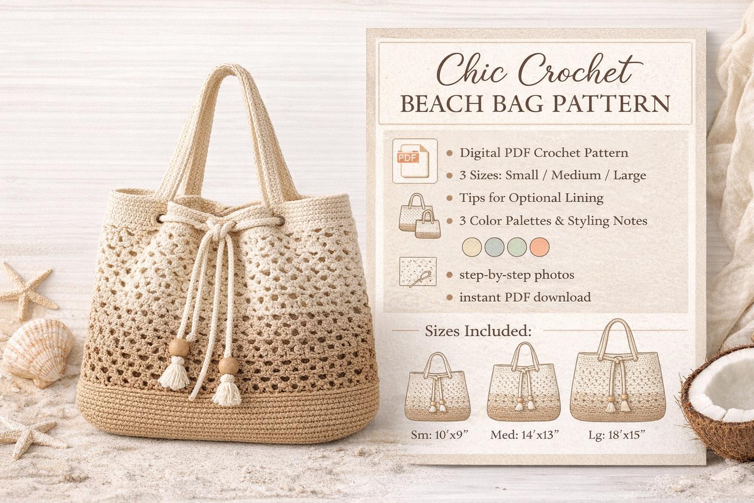 Chic Crochet Beach Bag Pattern • Crochet Drawstring Beach Tote PDF ...