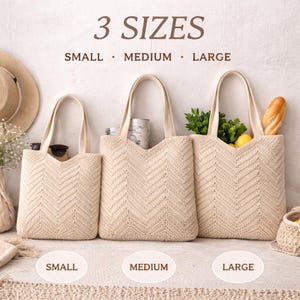 May include: Three beige tote bags in small, medium, and large sizes. The bags have a chevron pattern and long handles. The image includes text that reads "3 SIZES" and labels each bag size.
