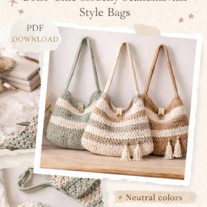 Boho Chic Slouchy skandinavische Häkeltasche | Handgefertigte Häkelborte Boho Markttasche | Neutrale Alltagstasche | Umweltfreundlich häkeln