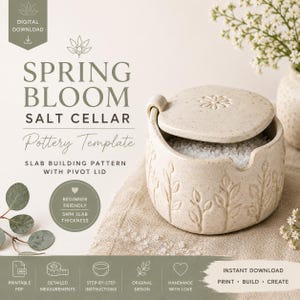 May include: A digital download pottery template for a Spring Bloom salt cellar with a pivot lid. The pattern includes slab building instructions for a 5mm slab thickness. The beige ceramic container features embossed leaf motifs and a flower lid.