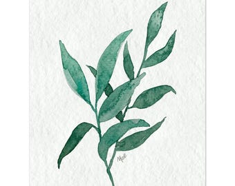 Serene Turquoise Green Leaves - Loose Watercolor Leaves Fine Art Print - Eco-Friendly Giclée Poster