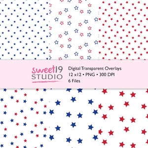 May include: Six digital paper patterns featuring red and blue stars on a white background. The patterns are 12 inches by 12 inches and 300 DPI. Digital Transparent Overlays. Sweet19 Studio.