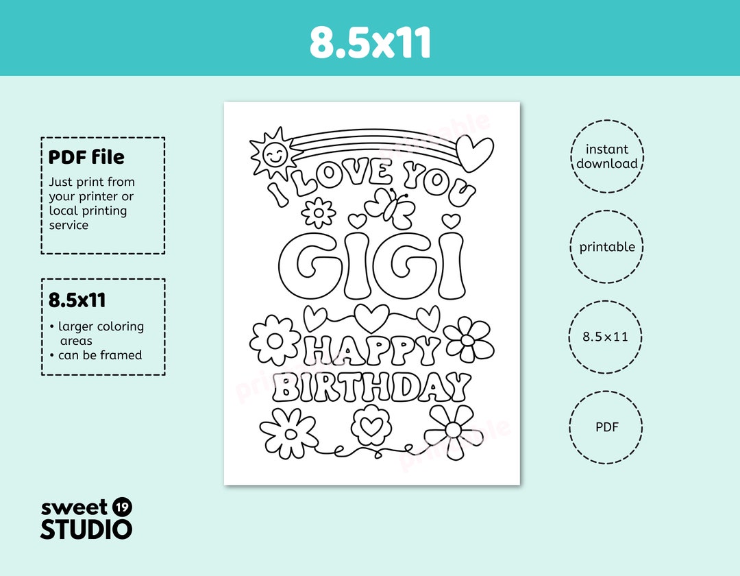 Gigi Birthday Printable Card, 5x7 Gigi Coloring Card, Gigi Coloring Page, 8.5x11, Gigi Printable ...