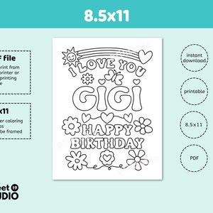 Cartão de aniversário para impressão Gigi, cartão para colorir Gigi 5x7, página para colorir Gigi, 8,5x11, cartão de aniversário para impressão Gigi
