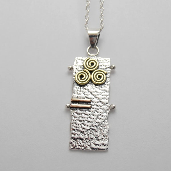 Ogham Pendant, Textured Sterling Silver Pendant, Brass Ogham Detail Necklace, Irish Tree Jewelry, Celtic Spiral Jewelry, Tree of Knowledge