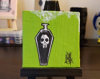 2,6x2,6 Mini-Leinwand, Dark Art, Lowbrow, Zeitgenössisch, Punk Rock, Pop Surrealismus, Goth Art, Trankflasche, Hexe, Okkulte, Spooky Art, Skull