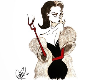 Cruella de Vil - 8x10 Art Prints, Wall Art Prints, Disney, Halloween, Graphite Drawing, Art Deco, Wall Art, Watercolor, Cute Art Prints, Art