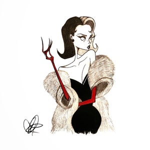 Cruella de Vil - Impresiones de arte 8x10, Impresiones de arte de pared, Disney, Halloween, Dibujo de grafito, Art Déco, Arte de pared, Acuarela, Impresiones de arte lindo, Arte