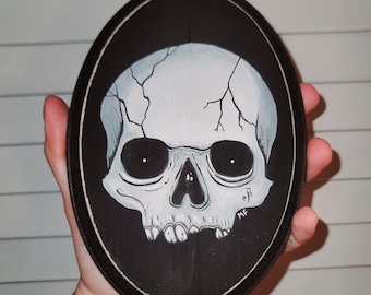 Schädel-Plakette - Witchy Decor, dunkle Kunst, Halloween-Kunst, Gothic-Dekor, Vintage-Schädel-Kunst, Schädel-Dekor, gruselige Dekoration, gruselige Kunst, Kunstwerk aus Holz