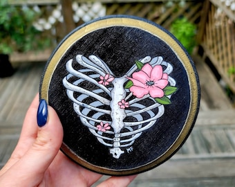 Skeleton Flower Plaque - Witchy Decor, Dark Art, Halloween, Goth Decor, Vintage Ghost, Ghost Decor, Spooky Decor, Spooky Art, Wooden Artwork