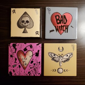 Ceramic Coasters (Pack of 4) - Hand Painted, Waterproof, Halloween, Art Deco, Spooky Season, Acrylic, Ceramic, Witch, Custom, Acrylic, Art