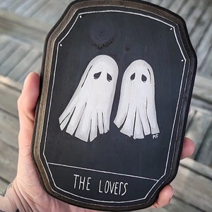 Plaque Haunted Ghost - The Lovers, tarotkaartkunst, donkere kunst, Halloween, gothic decor, heks, spookdecor, spookachtig decor, Halloween-kunst, houten