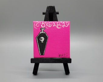 2,6x2,6 Mini-Leinwand, Dark Art, Lowbrow, Zeitgenössisch, Punk Rock, Pop Surrealismus, Goth Art, Trankflasche, Hexe, Okkulte, Spooky Art, Skull