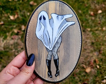 Ghost Plaque - Witchy Decor, Dark Art, Pin Up Art, Goth Decor, Vintage Ghost, Ghost Decor, Spooky Decor, Spooky Art, Wooden Artwork, Antique