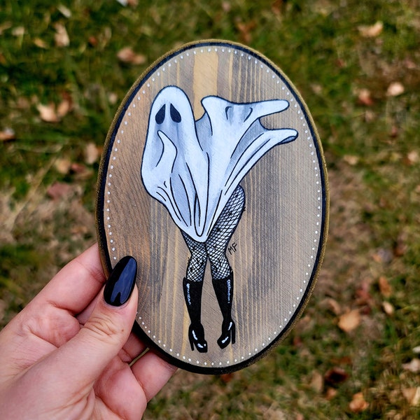 Ghost Plaque - Witchy Decor, Dark Art, Pin Up Art, Goth Decor, Vintage Ghost, Ghost Decor, Spooky Decor, Spooky Art, Wooden Artwork, Antique