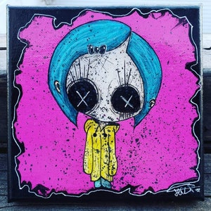 6x6 Original Painting - Coraline, Tim Burton Art, Wicca Art, Dark Art, Gothic Decor, Contemporary Art, Disney Art, Mini Painting, Cartoon